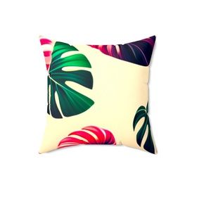 Pink and green monstera leaf pillow